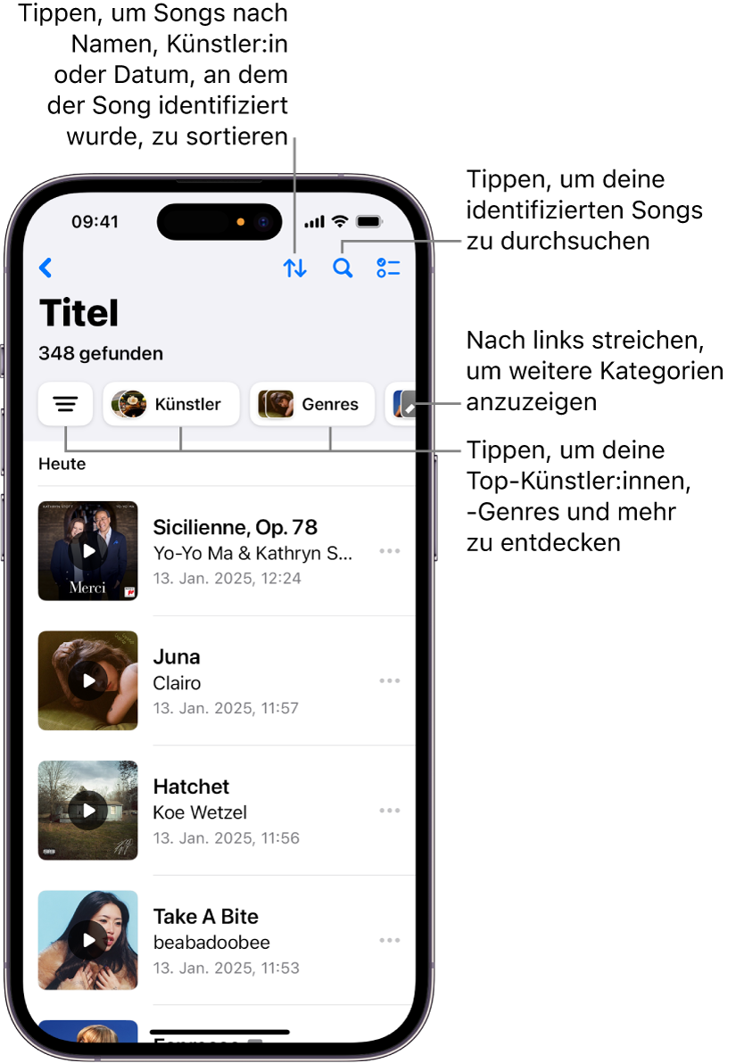 Eine Liste mit identifizierten Songs mit eingeblendetem Suchfeld und einem Steuerelement zum Scrollen