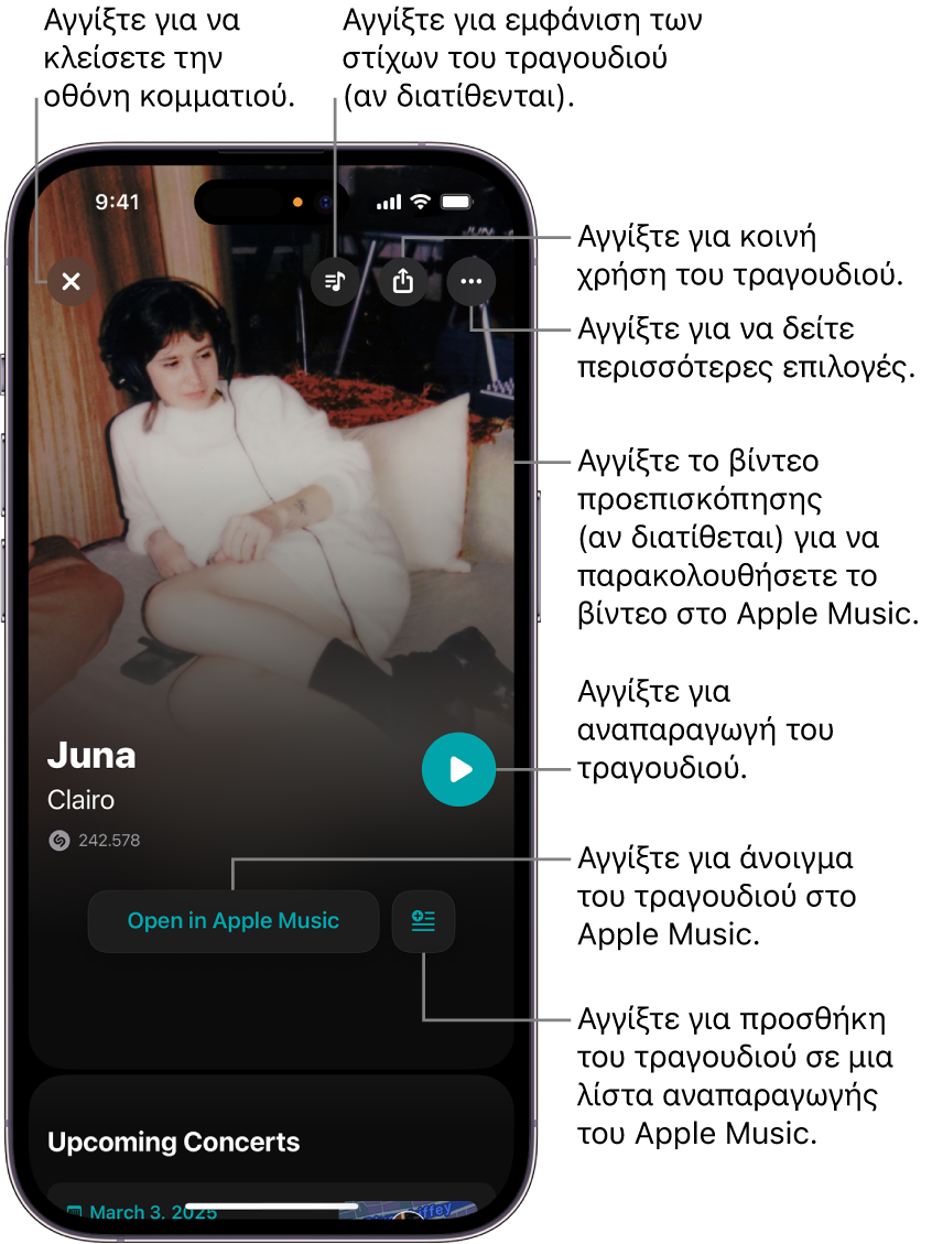 Στοιχεία ελέγχου της οθόνης κομματιού στο iPhone
