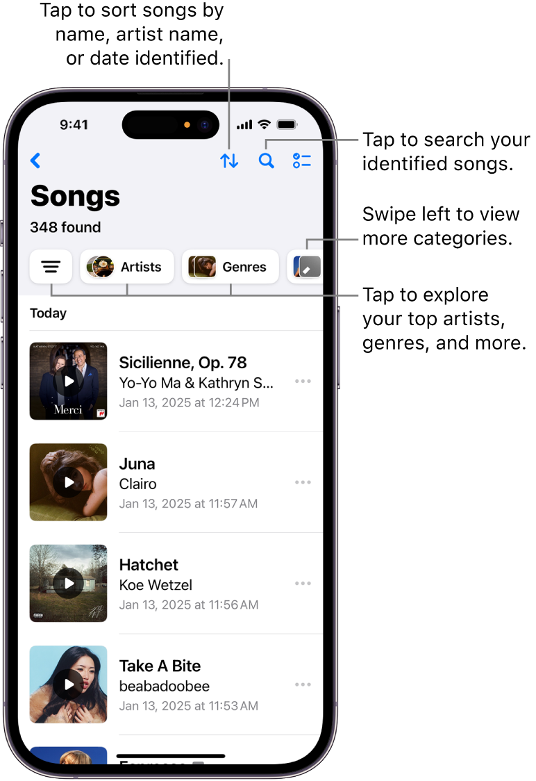 Identified songs list displaying search field and scroll control