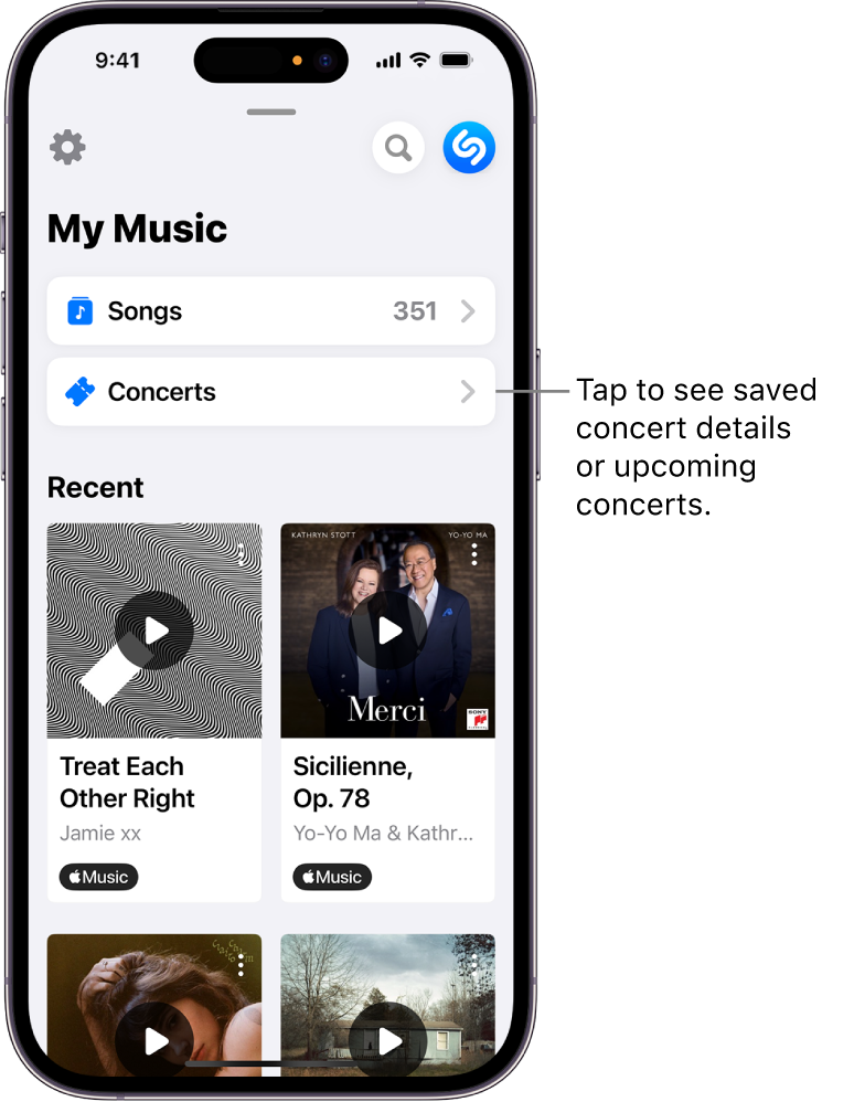 Shazam My Music page showing the Concerts button