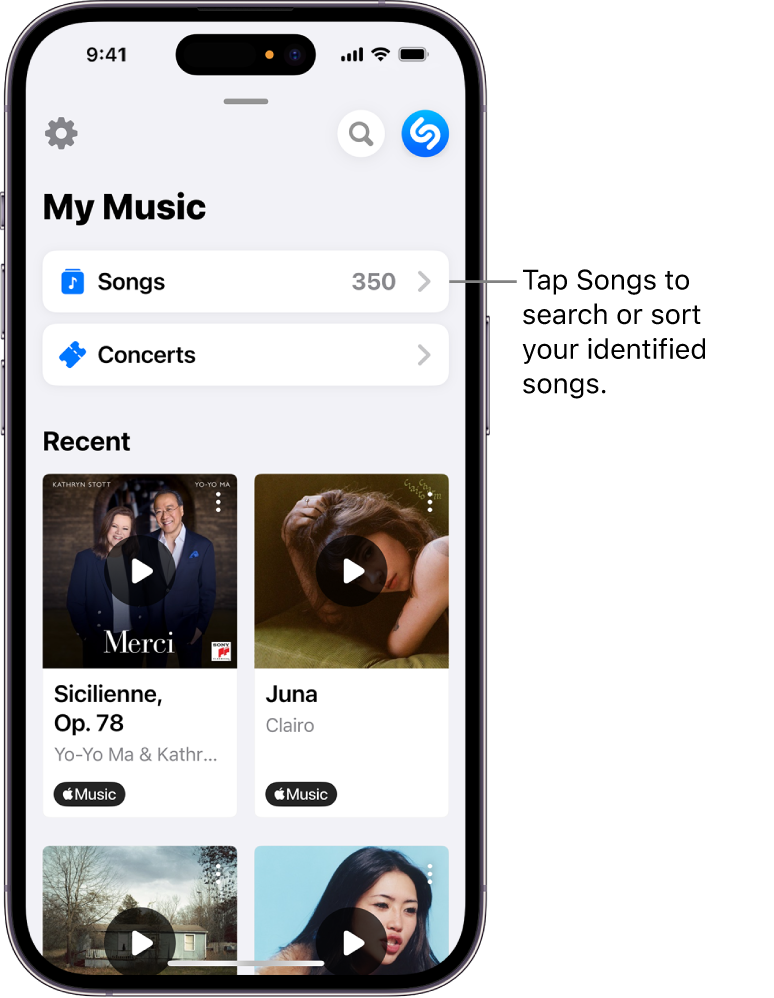 Identified songs list displaying search field and scroll control