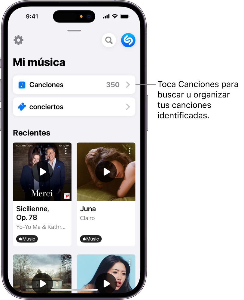 Una lista de canciones identificadas mostrando el campo de búsqueda y el control de desplazamiento