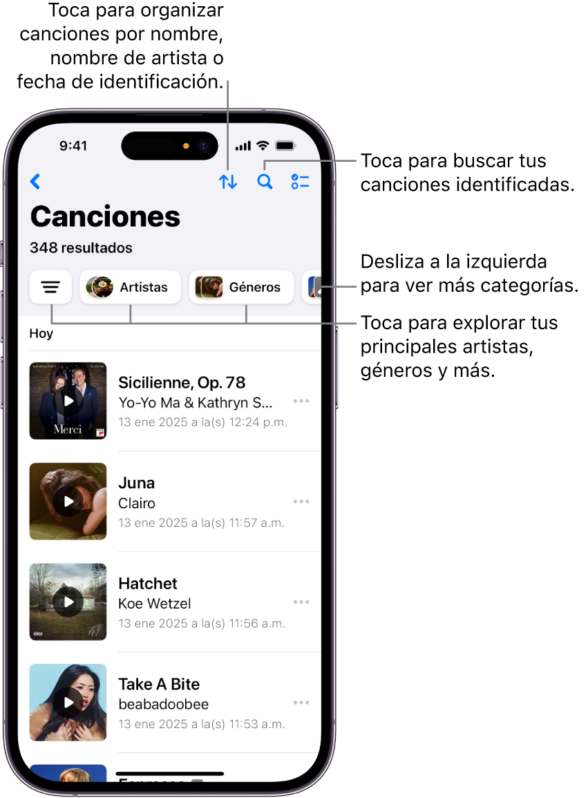 Una lista de canciones identificadas mostrando el campo de búsqueda y el control de desplazamiento