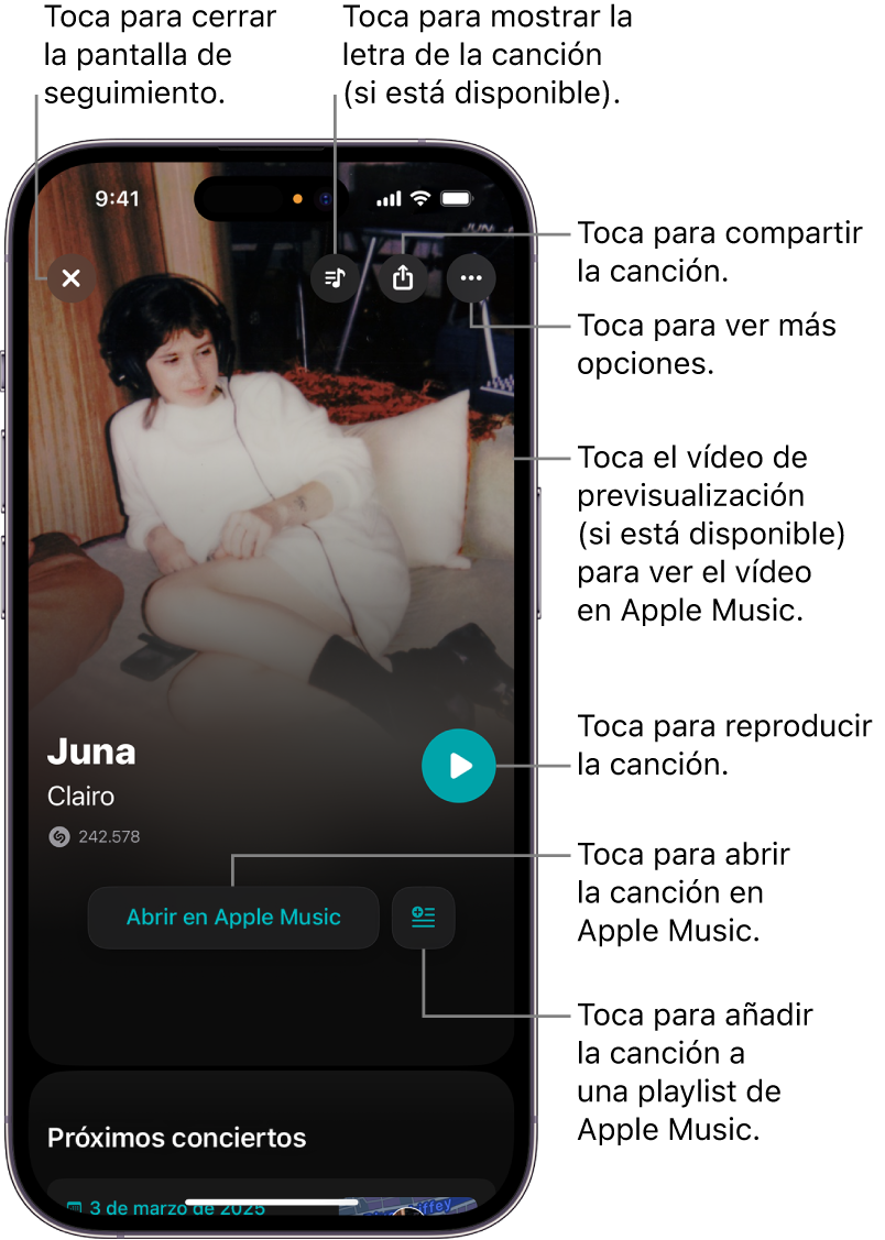 Controles de la pantalla de canción en el iPhone