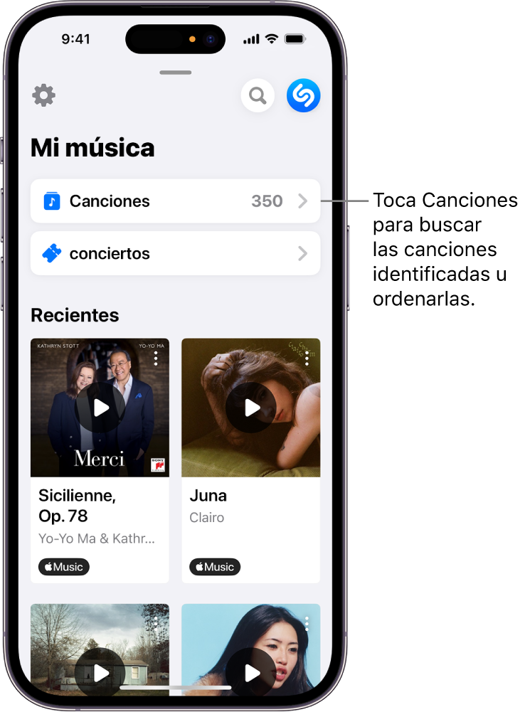Lista de las canciones identificadas con un campo de búsqueda y el control de desplazamiento.