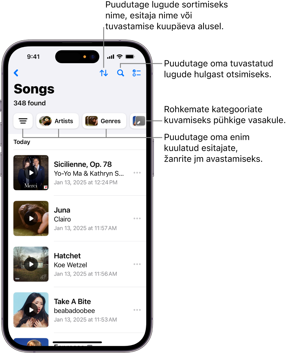 Tuvastatud lugude loendis kuvatakse otsinguvälja ja kerimisjuhikut