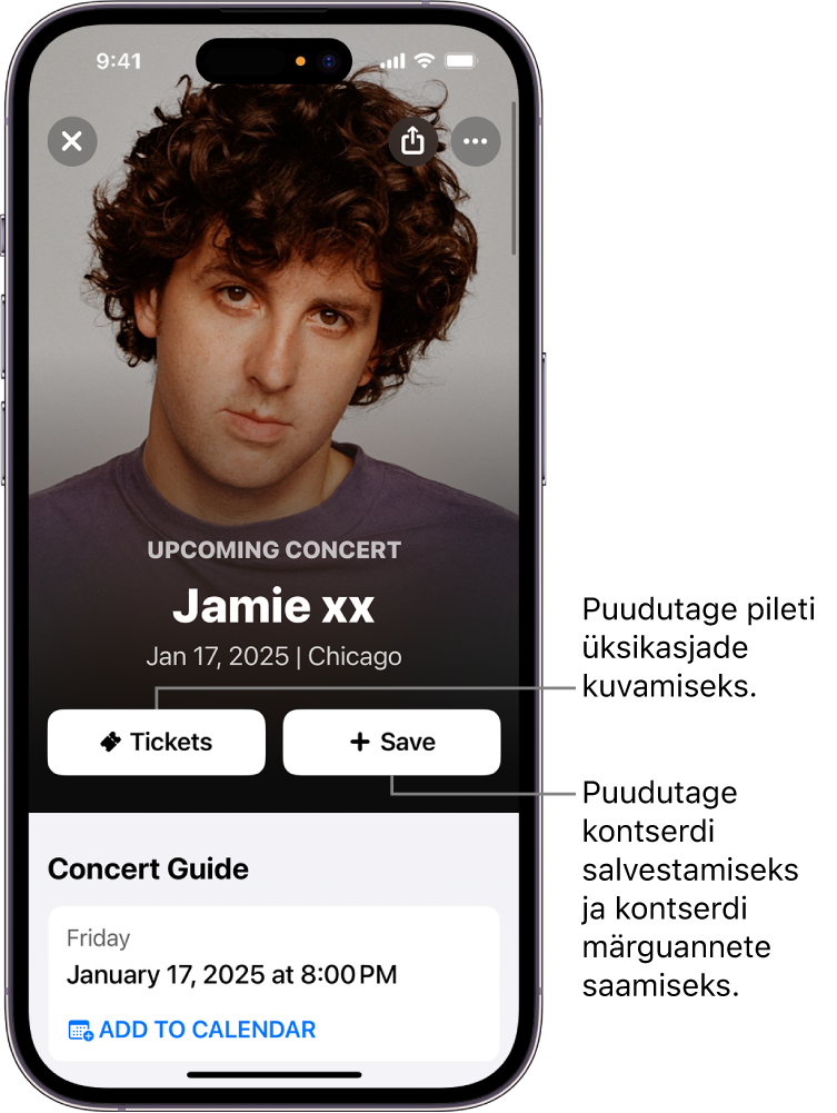 Shazami jaotises Concert Guide (Kontserdigiid) kuvatakse nuppe Tickets (Piletid) ja Save (Salvesta) ning esitaja Jamie xx tulevase kontserdi kuupäeva.