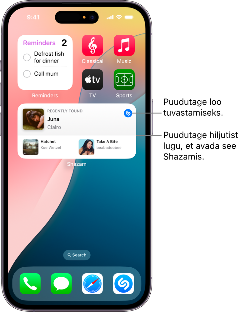 iPhone'i kuvas Today View (Vaade Täna) kuvatakse Shazami vidinat.