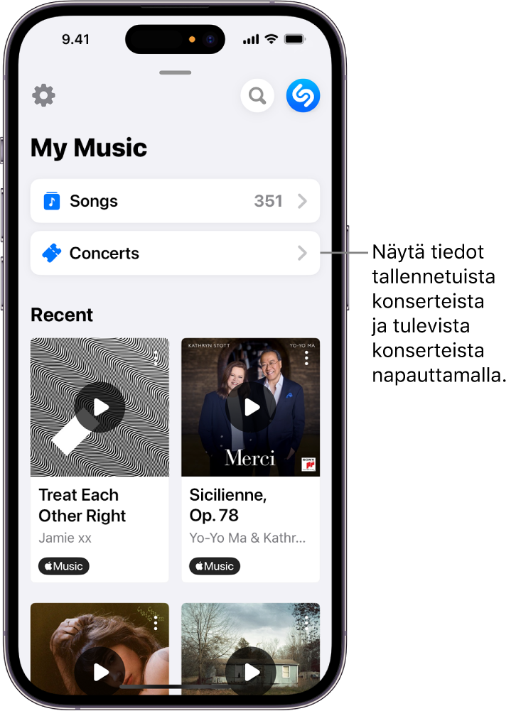 Shazamin My Music -sivu, jossa näkyy Concerts-painike