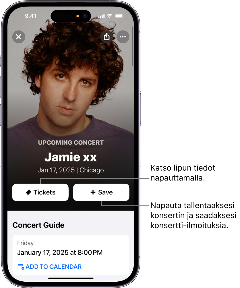 Shazamin konserttiopas, jossa näkyvät Tickets- ja Save‑painikkeet ja artistin Jamie xx tulossa olevan konsertin päivämäärä.