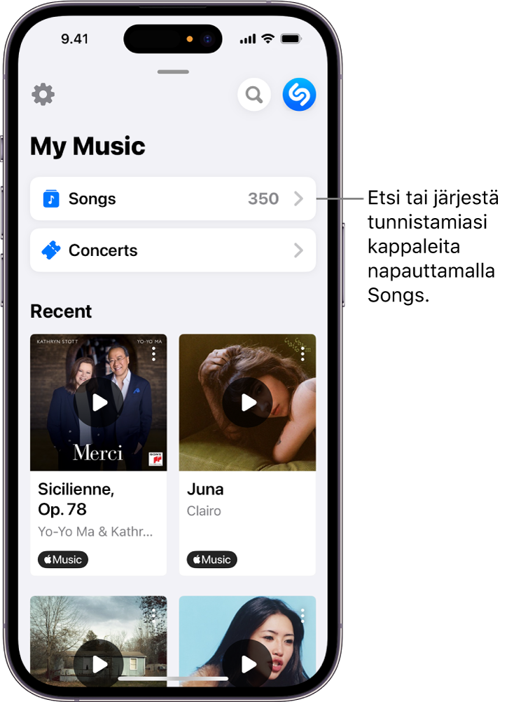 Kappaleiden luettelo, jossa näkyy hakukenttä ja vierityssäädin