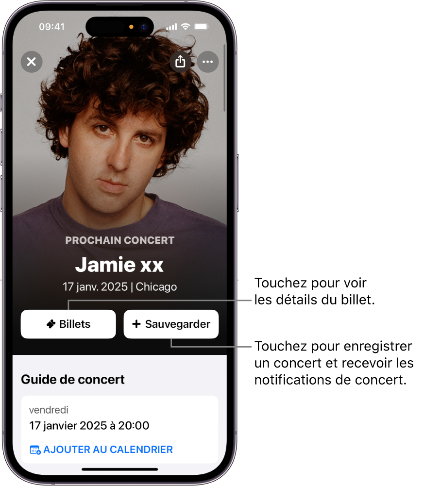 Guide de concert de Shazam qui affiche les boutons Billets et Sauvegarder ainsi que le lieu d’un concert à venir pour l’artiste Jamie xx.