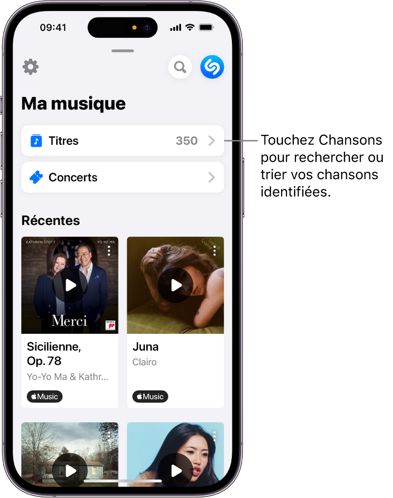 La liste de chansons identifiées affichant le champ de recherche et la commande de défilement