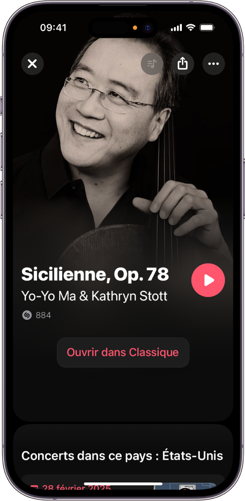 Écran de piste Shazam affichant le résultat de l’identification d’un morceau classique et le bouton Ouvrir dans Classique.
