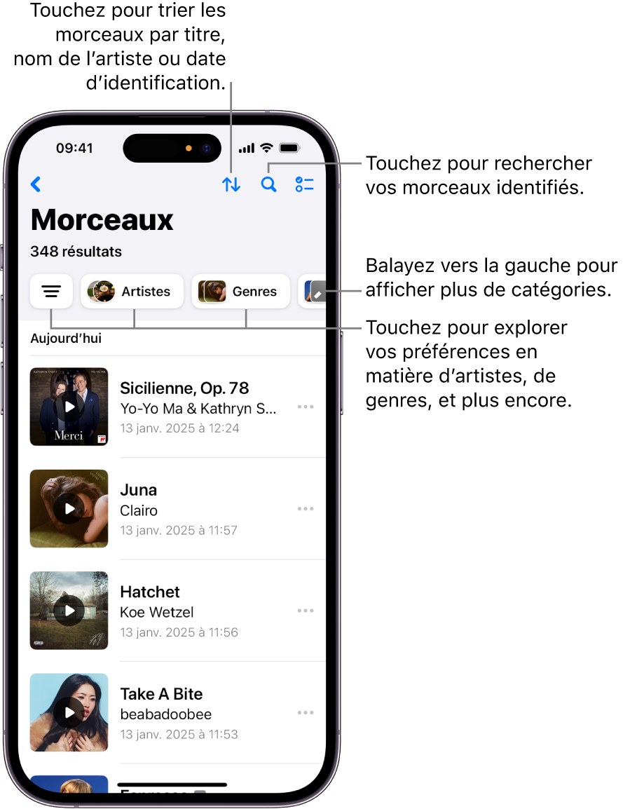Liste de morceaux identifiés affichant le champ de recherche et une commande de défilement
