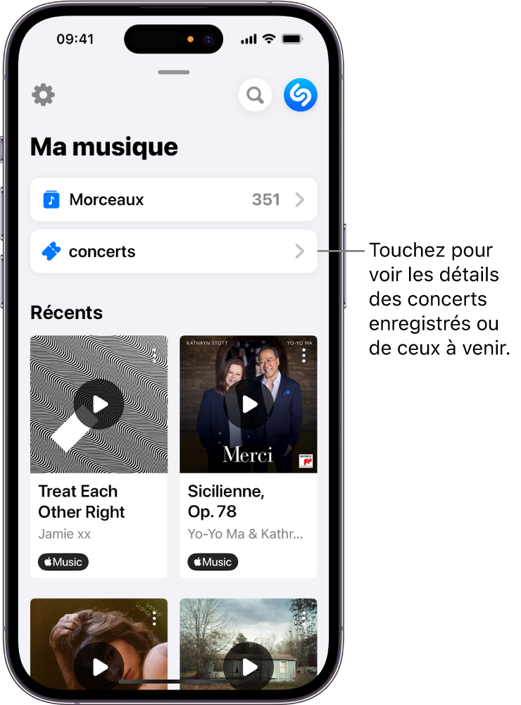 Page Ma musique de Shazam affichant le bouton Concerts