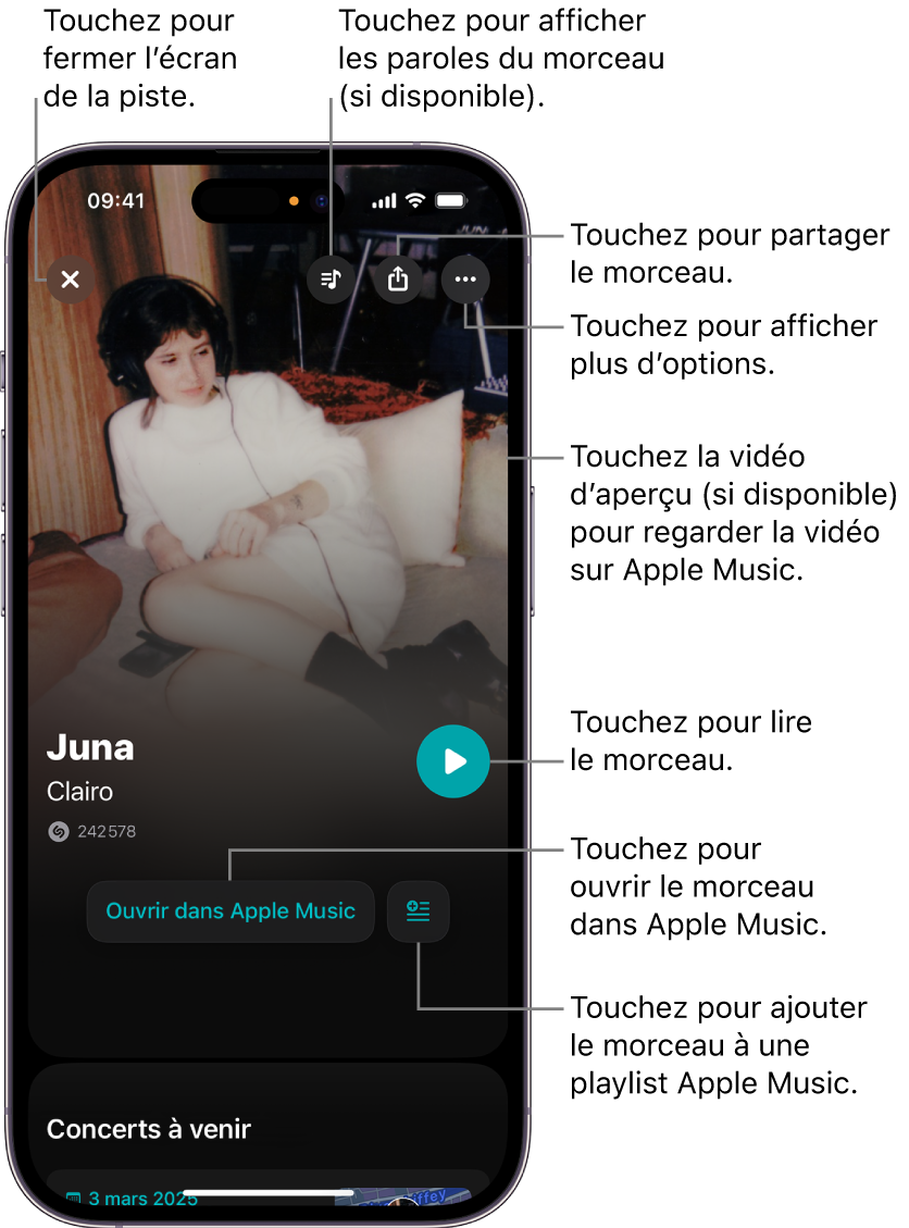 Commandes de la page du morceau sur un iPhone
