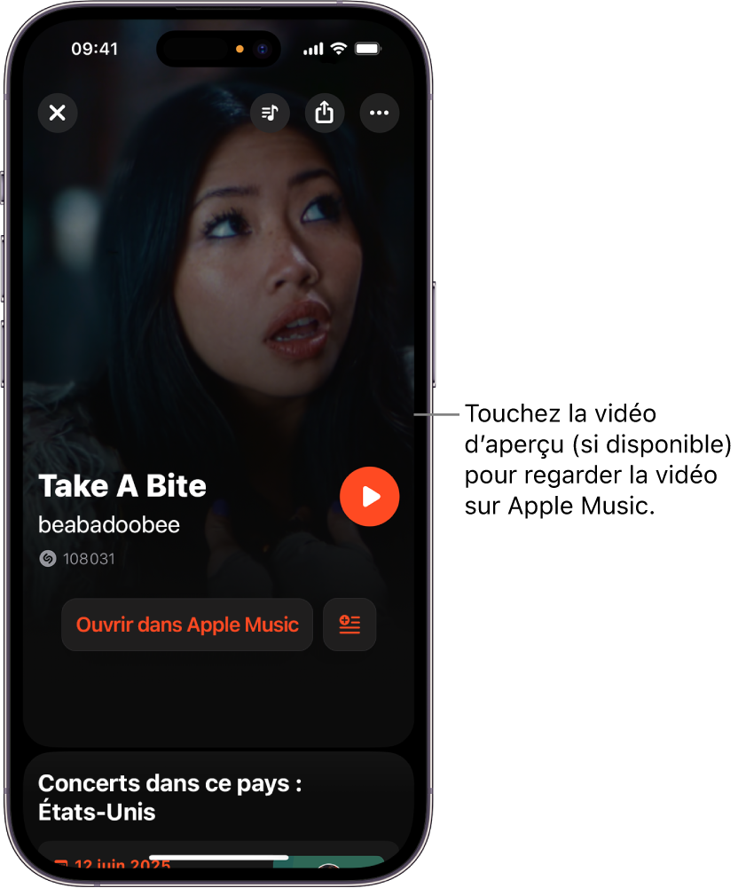 Page de morceau Shazam affichant un extrait de vidéo