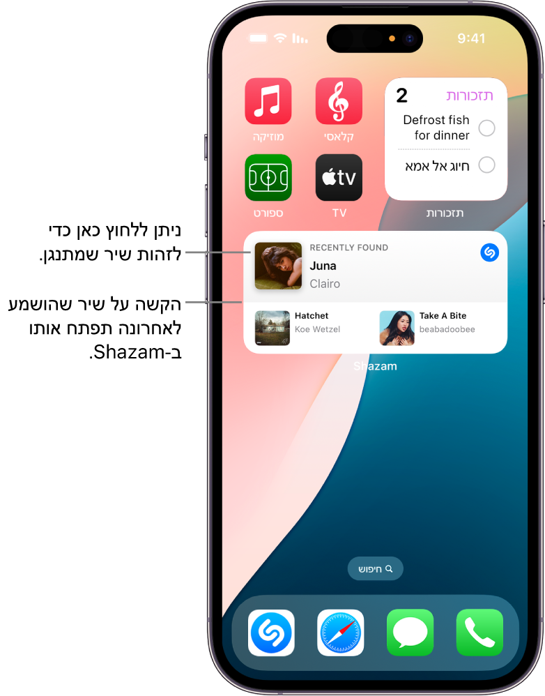 התצוגה ״היום״ ב-iPhone שמצגיה את הווידג׳ט של Shazam