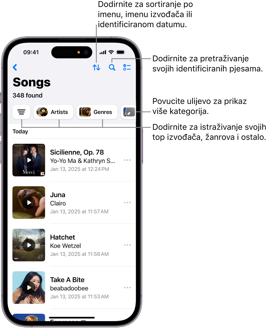 Popis identificiranih pjesama s prikazom polja za pretraživanje i naredbe za listanje