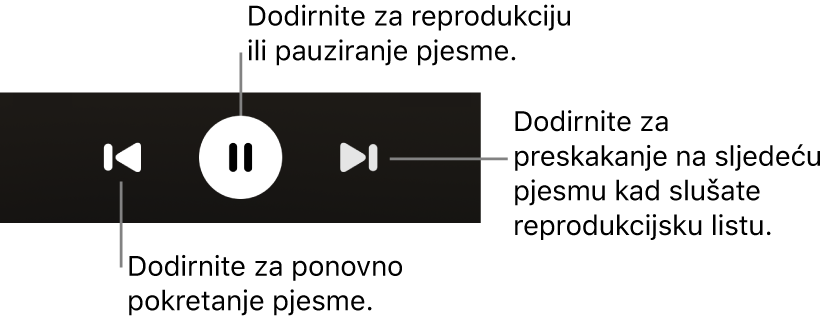 Kontrole reprodukcije zaslona Izvodi se, uključujući tipku Natrag, tipku Reprodukcija/Pauza i tipku Sljedeće