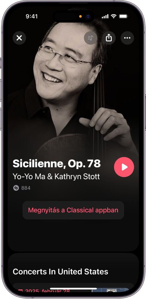 A zeneszám képernyő a Shazam appban egy beazonosított klasszikus dallal és az Open in Classical gombbal