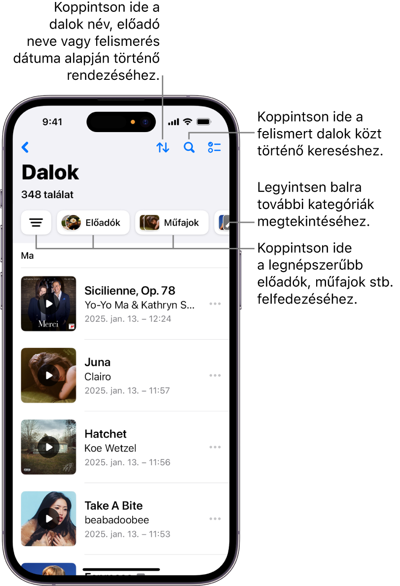 A beazonosított dalok listája a keresőmezővel és a görgetésvezérlővel