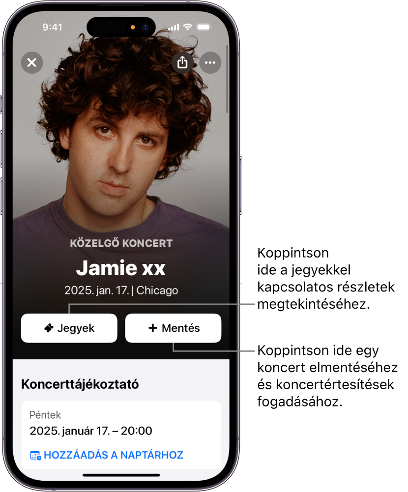 A Shazam Concert Guide (Koncert-útikalauz) megjeleníti a Tickets (Jegyek) és a Save (Mentés) gombot, valamint Jamie xx közelgő koncertjének dátumát