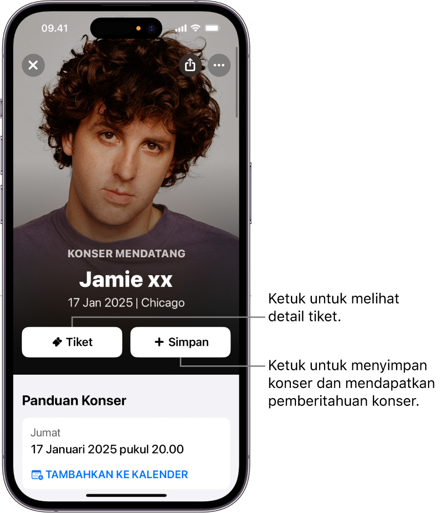 Panduan Konser Shazam yang menampilkan tombol Tiket dan Simpan serta tanggal konser mendatang untuk artis Jamie xx