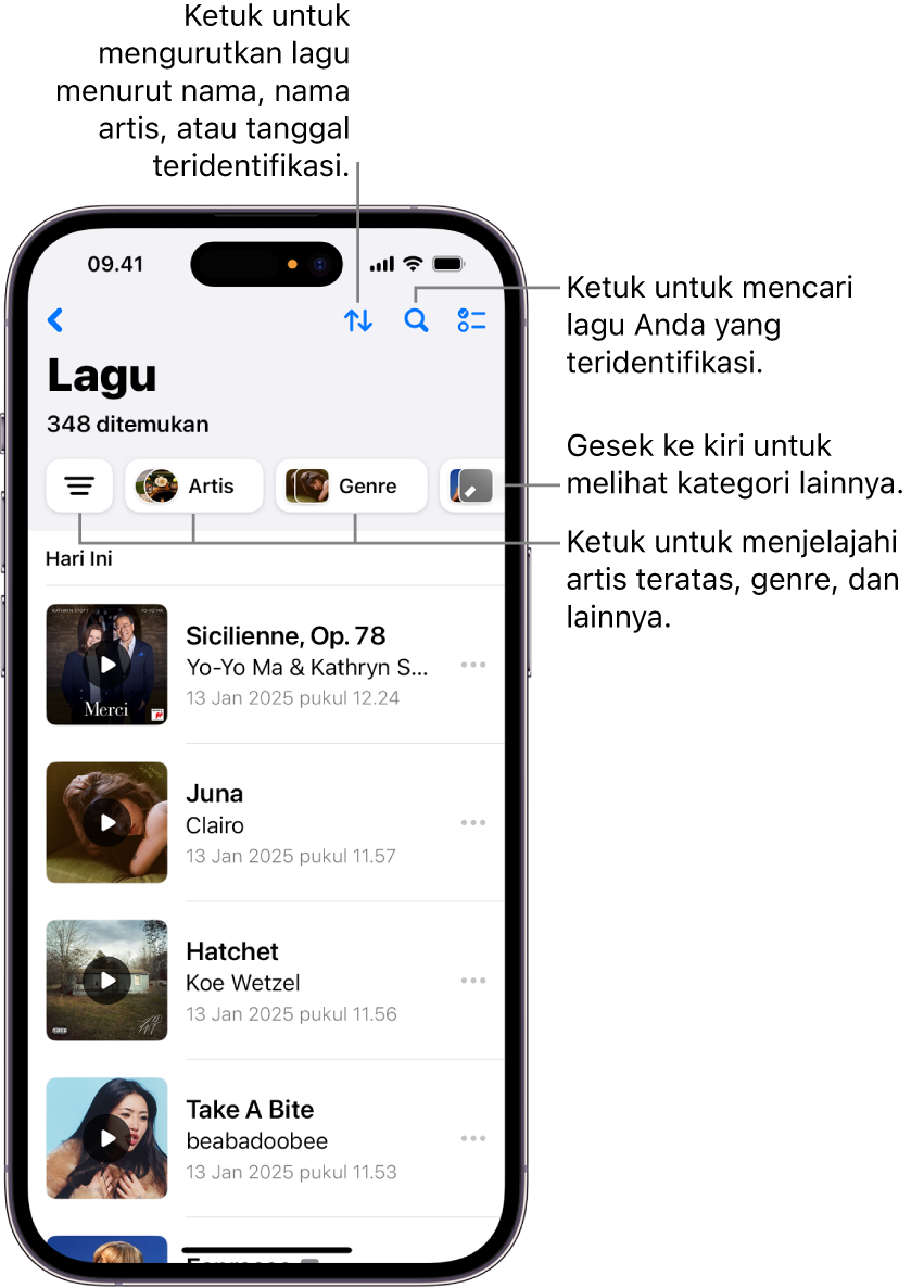 Daftar lagu yang teridentifikasi menampilkan bidang pencarian dan kontrol pengguliran