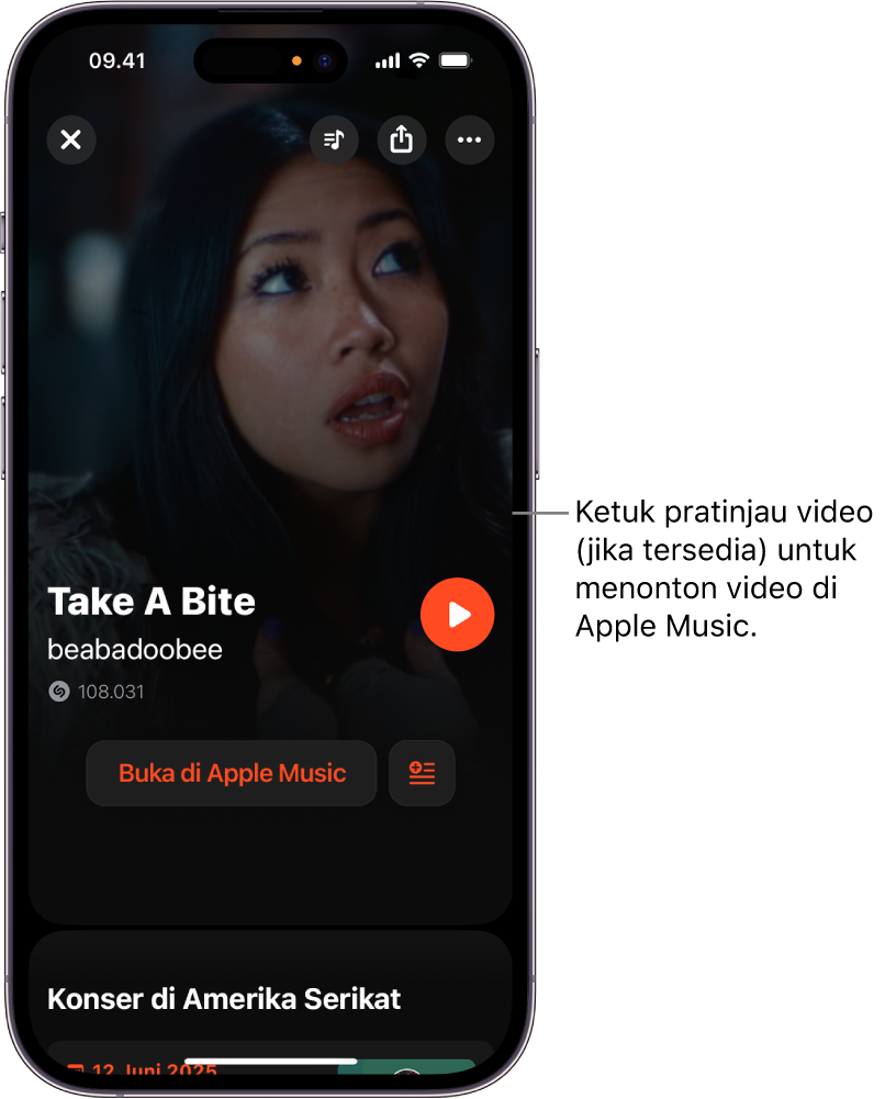 Layar track Shazam menampilkan pratinjau video