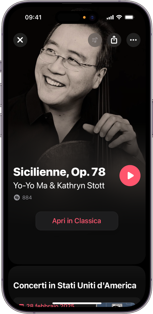 La schermata della traccia di Shazam che mostra il risultato dell’identificazione di un brano di musica classica con il pulsante “Apri in Classica”.