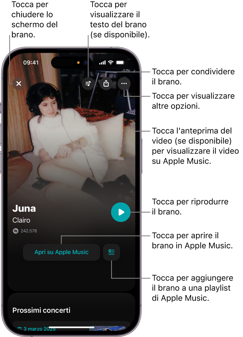 Controlli della schermata della traccia su iPhone