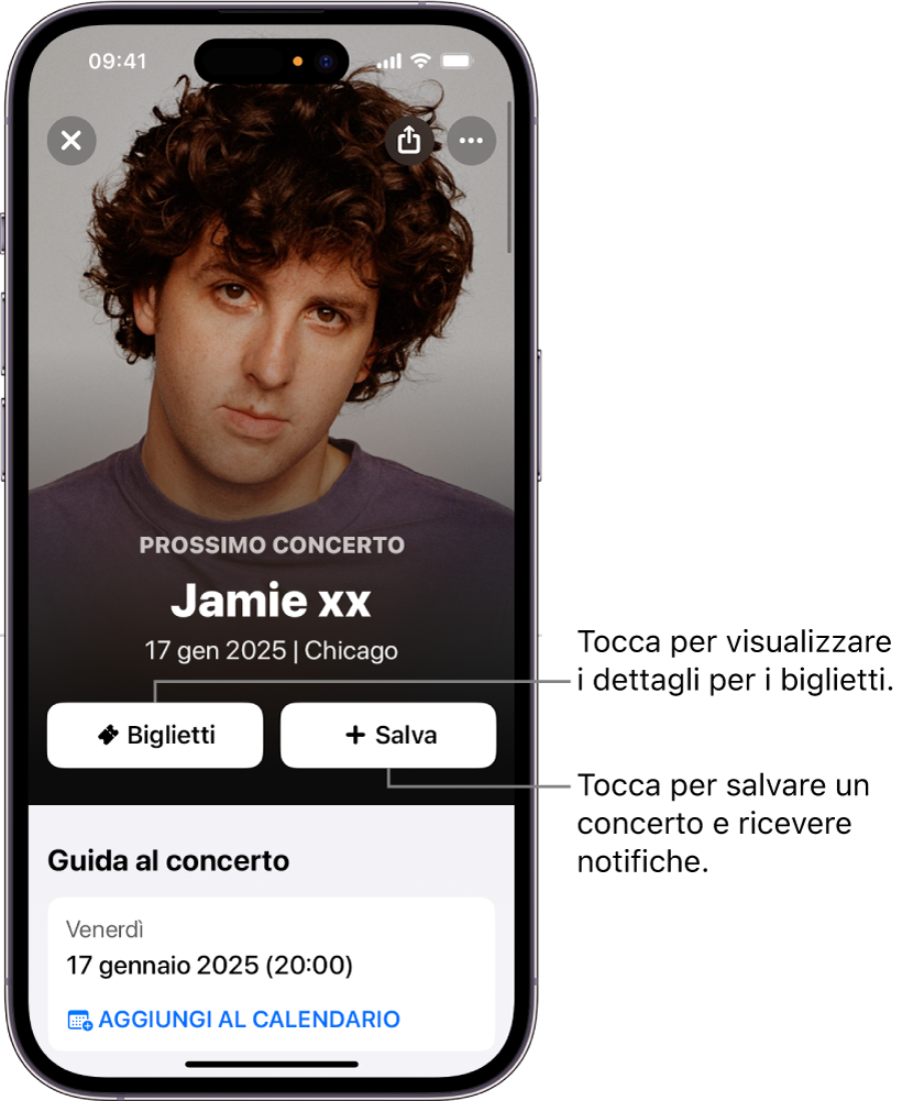 Guida al concerto di Shazam con i pulsanti Biglietti e Salva e la data di un concerto in programma per l’artista Jamie xx