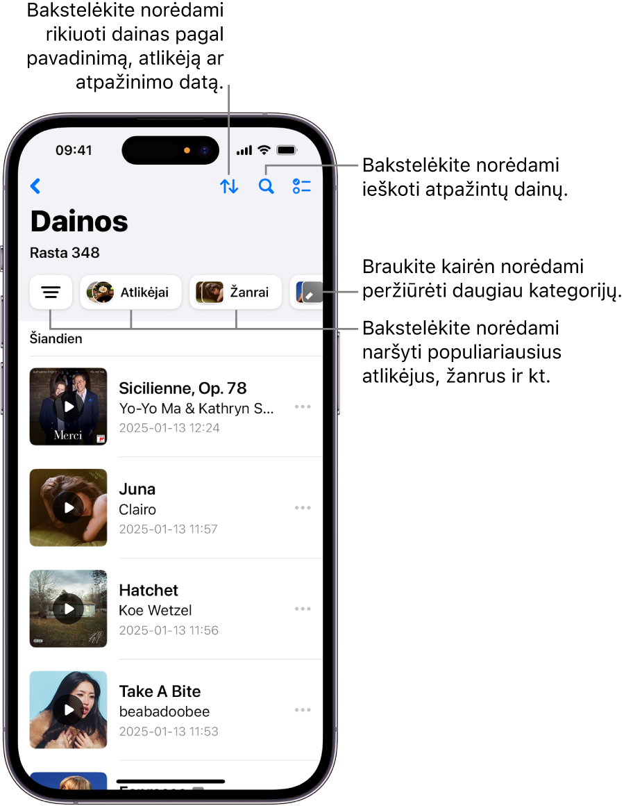 Atpažintų dainų sąraše rodomas paieškos laukas ir slinkimo valdiklis