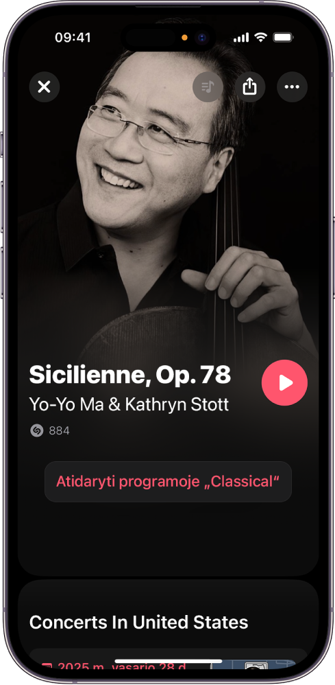 „Shazam“ takelio ekranas, kuriame rodomas atpažintas klasikinės muzikos kūrinys ir mygtukas „Open in Classical“