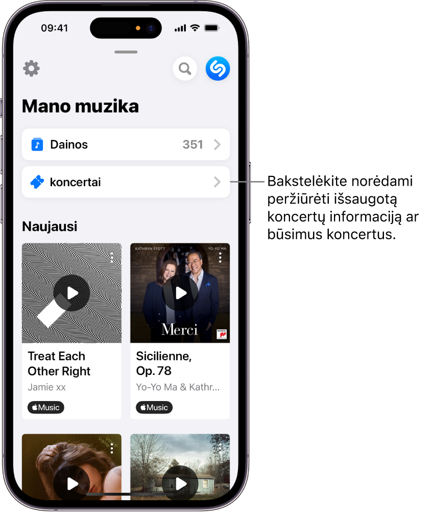 „Shazam My Music“ puslapyje rodomas mygtukas „Concerts“