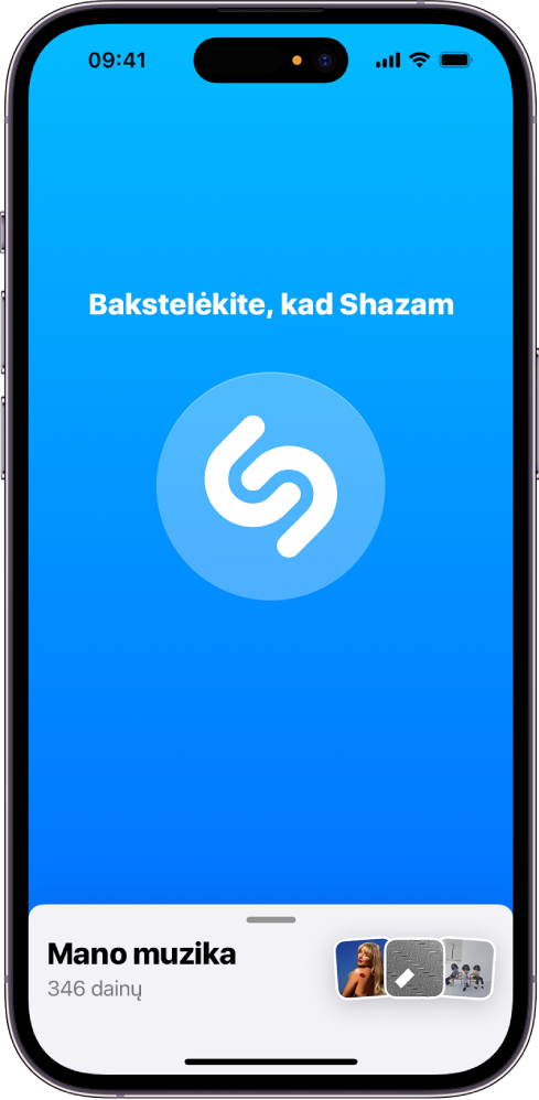Programos „Shazam“ pagrindinis ekranas ir mygtukas „Shazam“
