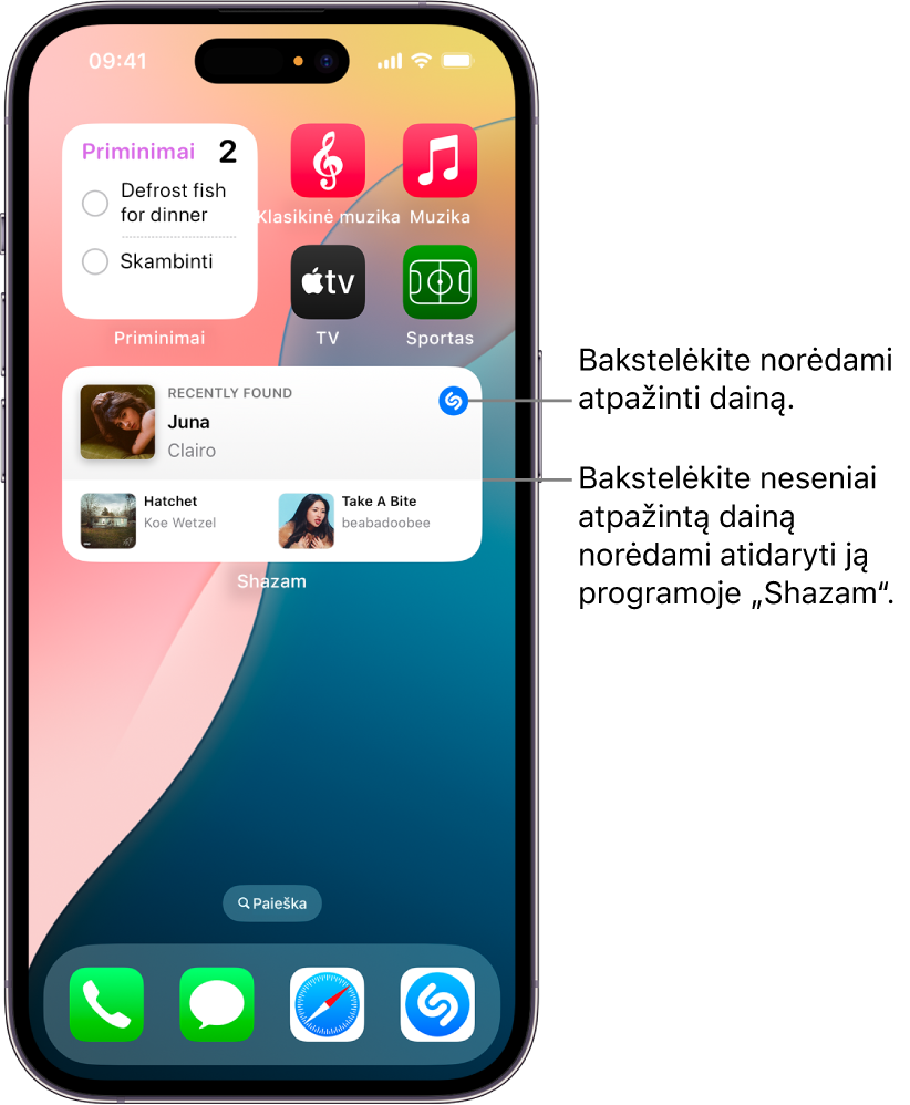 „iPhone“ rodinys „Today View“, kuriame matomas „Shazam“ valdiklis