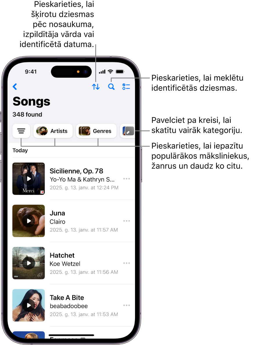 Identificēto dziesmu saraksts, kurā redzamu s meklēšanas lauks un ritināšanas vadības elements