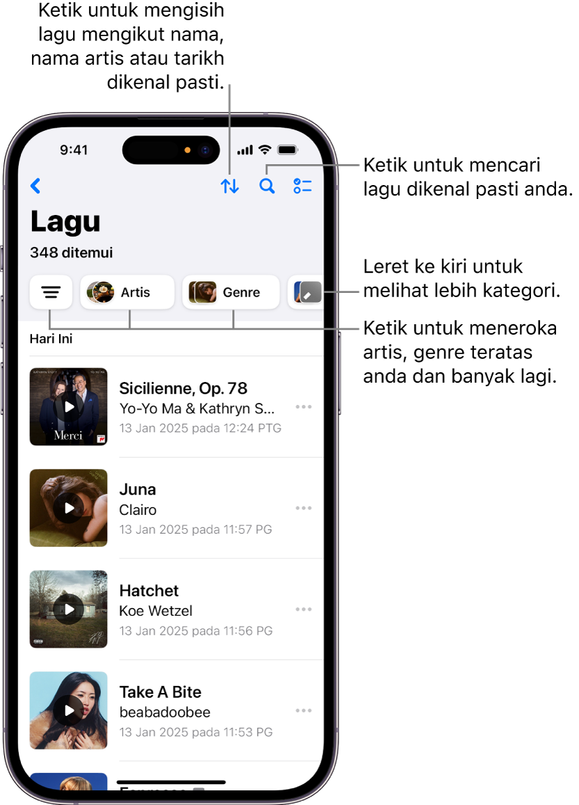 Senarai lagu dikenal pasti memaparkan medan carian dan kawalan skrol