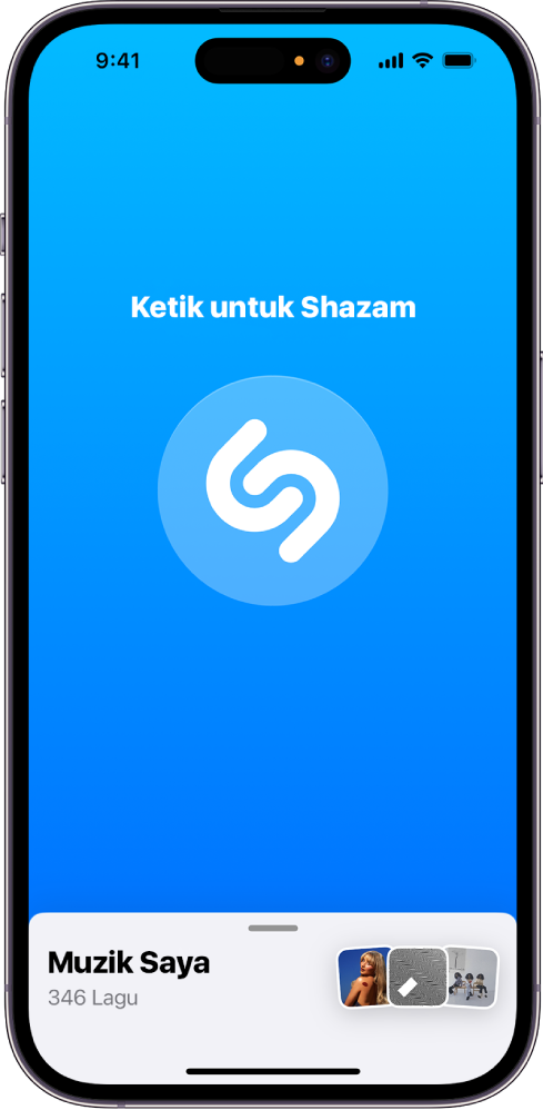 Skrin utama app Shazam dengan butang Shazam