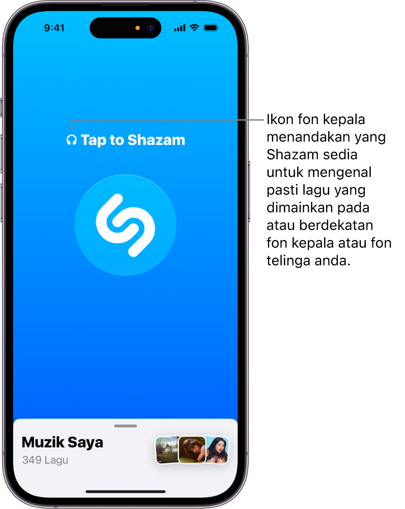 App Shazam menunjukkan fon kepala yang disambungkan