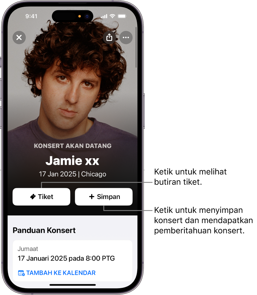 Panduan Konsert Shazam menunjukkan butang Tiket dan Simpan serta tarikh konsert akan datang untuk artis Jamie xx