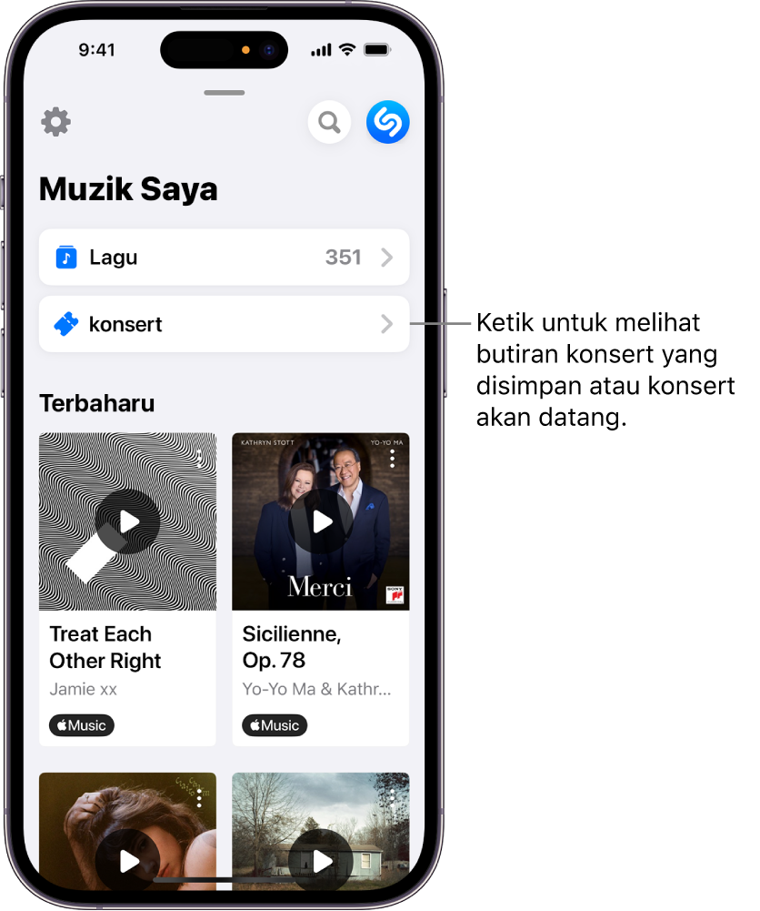 Halaman Shazam Muzik Saya menunjukkan butang Konsert