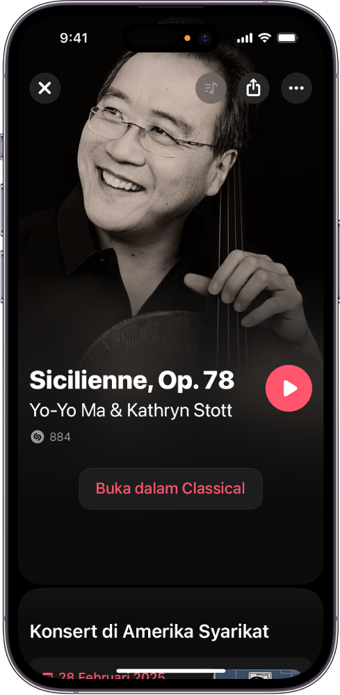 Skrin trek Shazam memaparkan hasil pengecaman lagu klasik dan butang Buka dalam Classical