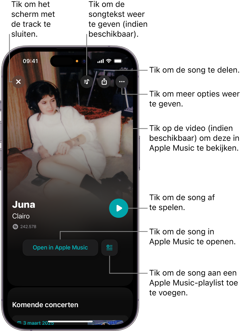 Regelaars in het trackscherm op de iPhone.