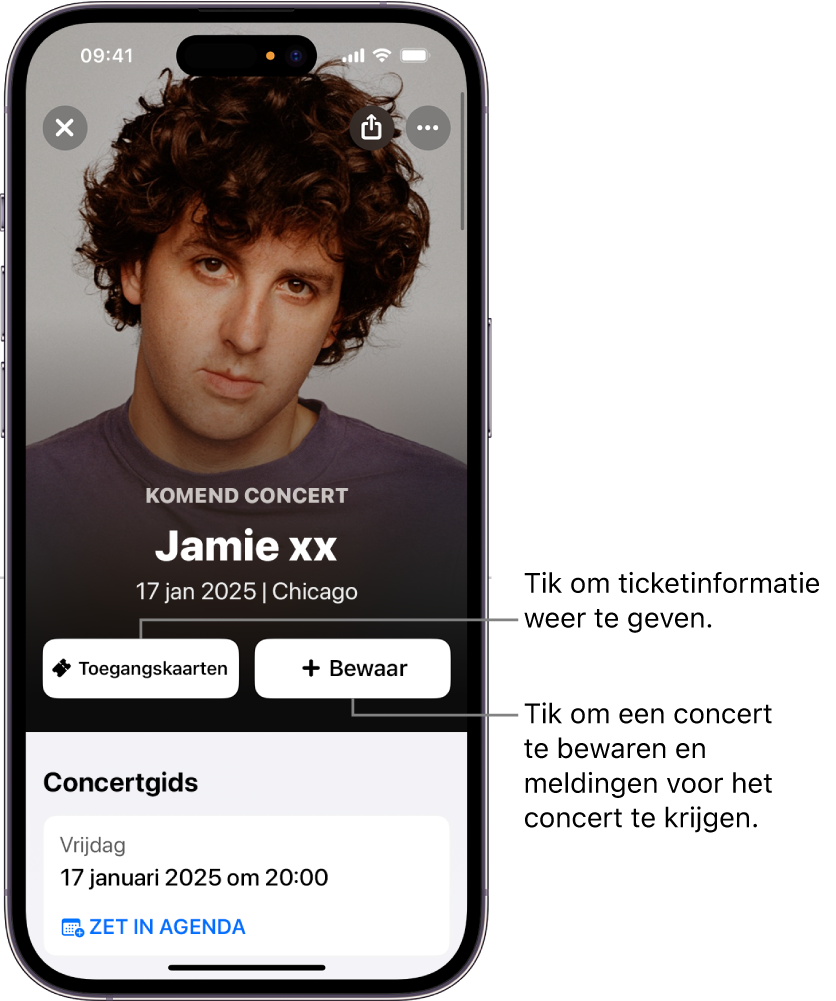 De concertgids in Shazam, met de knoppen 'Tickets' en 'Opslaan' en de datum van een gepland concert van de artiest Jamie xx.