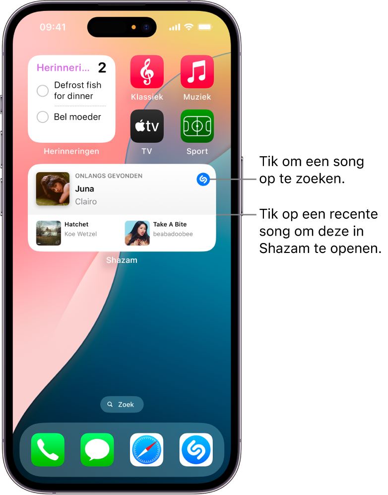De Vandaag-weergave op een iPhone met de Shazam-widget
