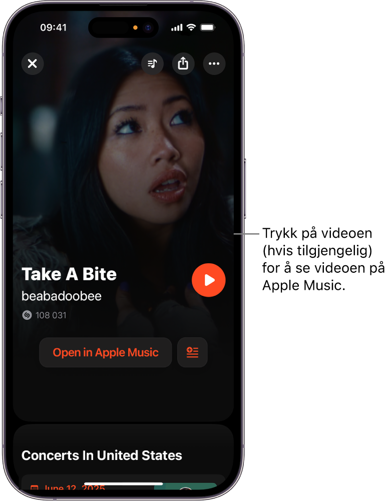 Musikkspor-skjermen i Shazam viser en forhåndsvisning av en video